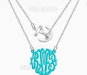 Monogram Necklace Anchor Hand Made Custom Turquoise Initials Personalized H Love Jewelry Acrylic