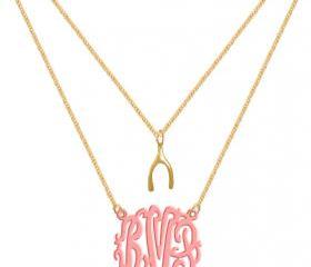 Monogram Necklace Wish Bone Custom Pink Initials Personalized H Love Jewelry Acrylic