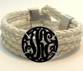Monogram Acrylic Bracelet with White Leather