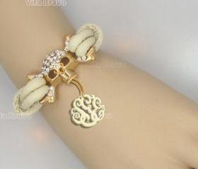 Monogram Bracelet, Skull Leather bracelet, Hand Madem Custom Initials, Personalized, Jewelry Acrylic