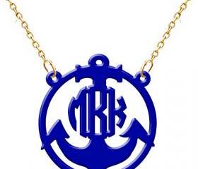 Monogram Necklace Anchor Hand Made Custom Blue Initials Personalized H Love Jewelry Acrylic